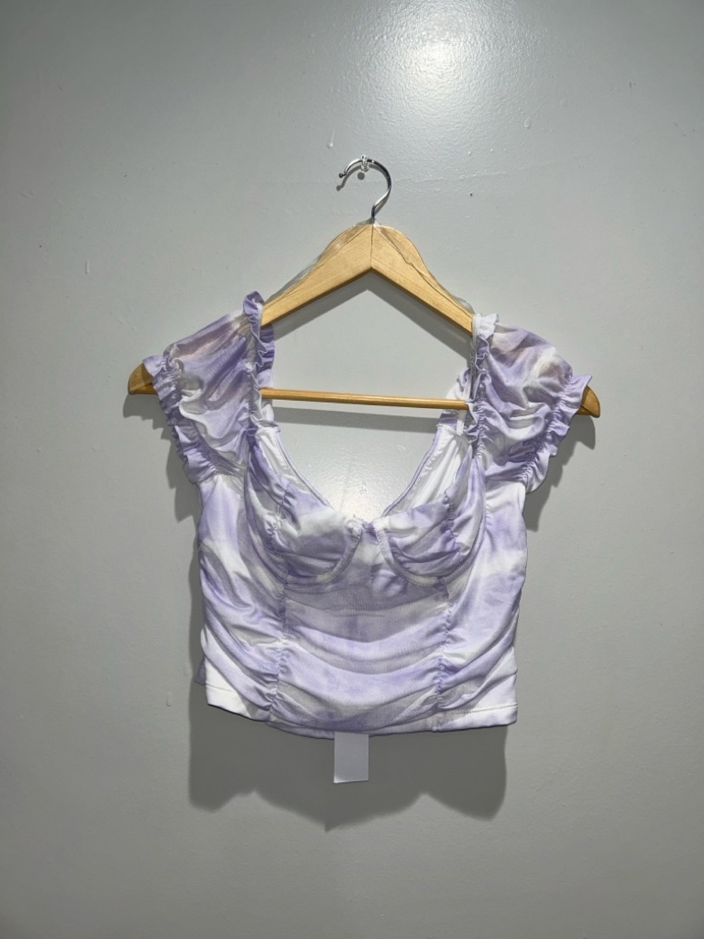 Lavender Tie-Dye Ruched Puff Sleeve Crop Top